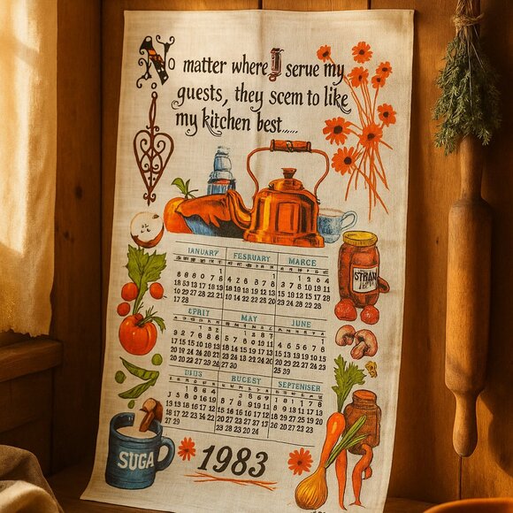 Vintage 1983 Linen Calendar Tea Towel • “My Kitchen Best” Quote • Retro Wall Art - Picture 1 of 4